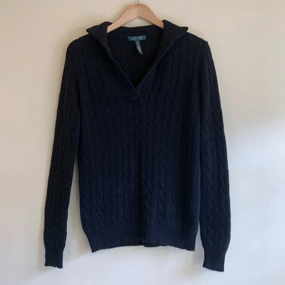 Lauren Ralph Lauren Black Collared Cable Knit Sweater Women's Size Medium Lambsw - Picture 1 of 10